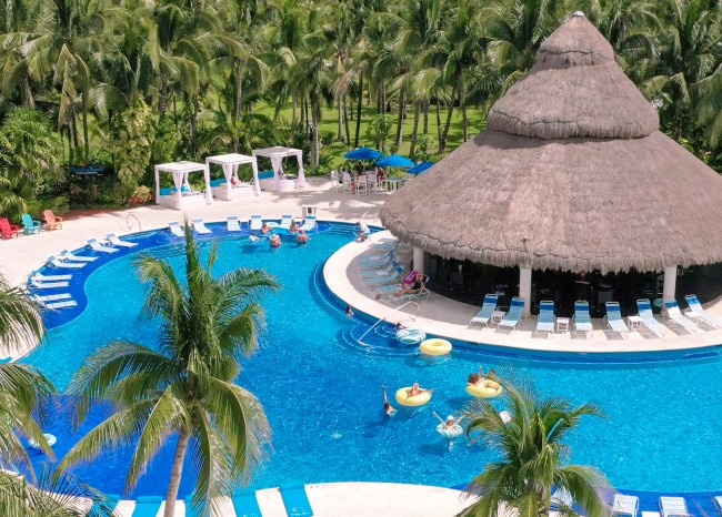paradise beach heated pool aerial shot